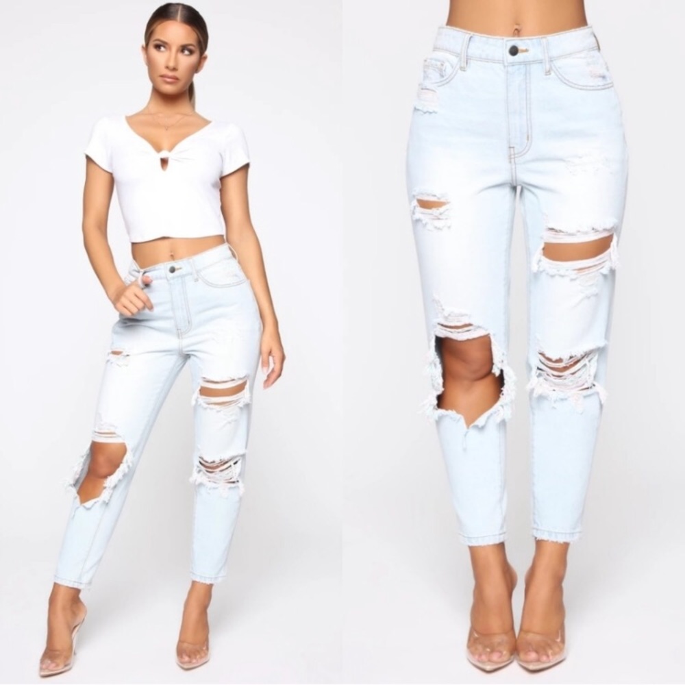 Shoot The Gaps Distressed Mom Jeans - Light Blue W